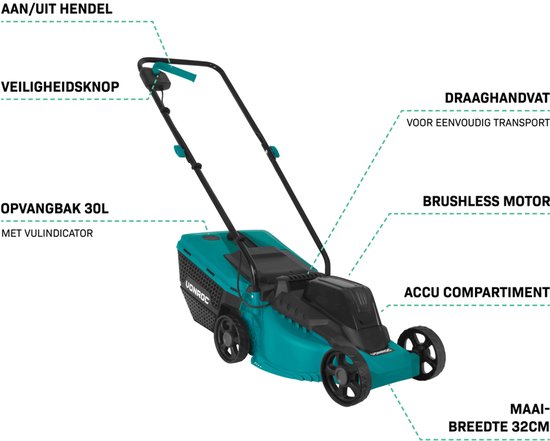 VONROC Accu Grasmaaier 20V - 32 cm maaibreedte - Borstelloze motor - Drie instelbare maai-hoogtes: 30/50/70 mm - Incl. 30L Opvangbak - Excl. Accu en snellader van VONROC — afbeelding 4
