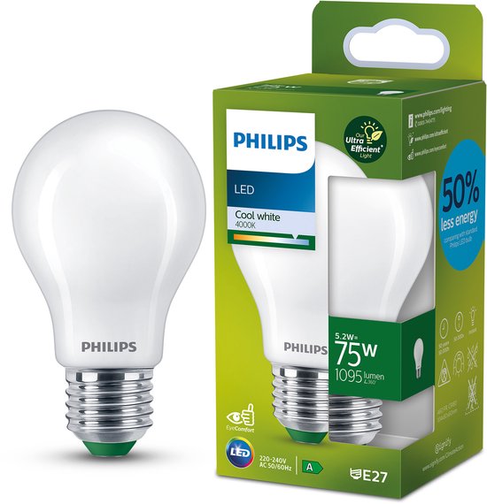 Philips LED-lamp in matglas met E27 fitting, 75W equivalent, 1095 lumen, koelwit licht 4000K.