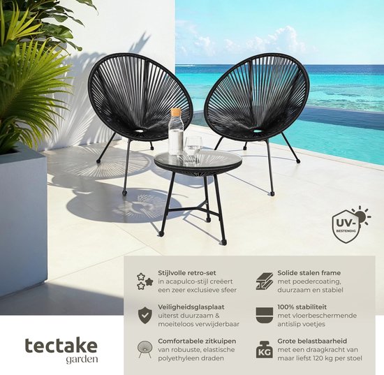tectake - Tuinmeubel-bistroset - 2 stoelen en 1 tafel - Retro Egg Chairs in Acapulco-stijl - Weerbestendig binnen- en buitengebruik - Zwart van Tectake — afbeelding 2
