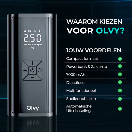 Olvy Compressor Bandenpomp - Draagbare Luchtcompressor - 7000 mAh - Elektrische Fietspomp - Fiets/Auto/Motor/Bal/Luchtbed