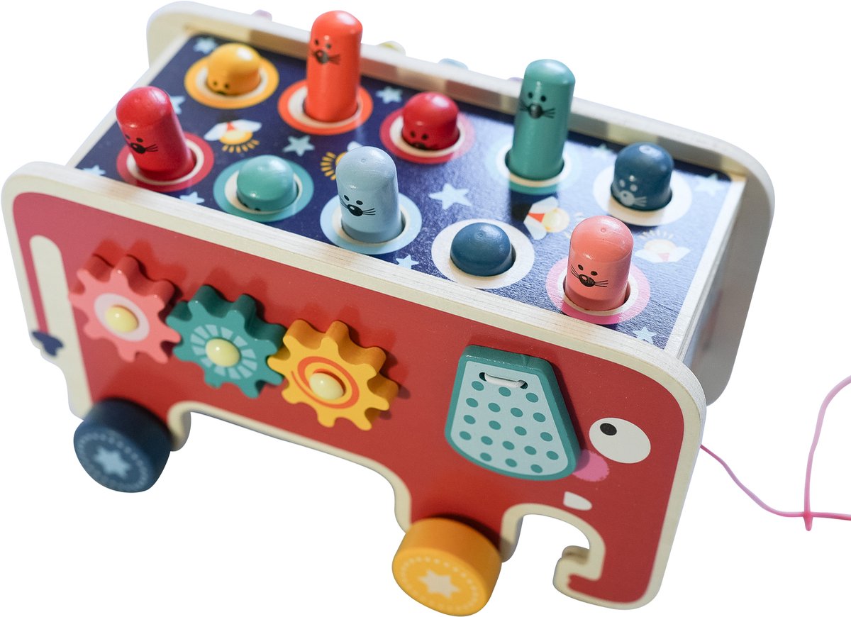 Houten Olifant Karretje – Educatief Muziek- en Motoriek Speelgoed (18 maanden+) – Whack-a-mole, Xylofoon & Trekkoord — afbeelding 7