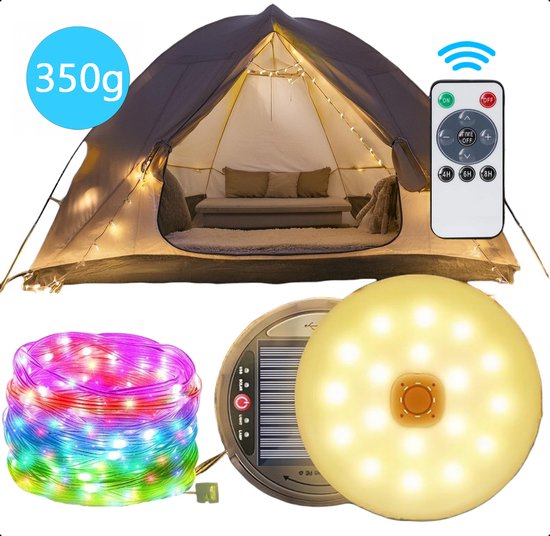 Tech Essentials® Solar Camping Lichtsnoer Met Afstandsbediening - 10 Meter - IP67 Waterdicht - Oprolbaar - Oplaadbaar - Multi-Kleur | Verlichting Buiten Slinger - Lampjes - Lampenslinger - Kampeerlamp - Tentlamp
