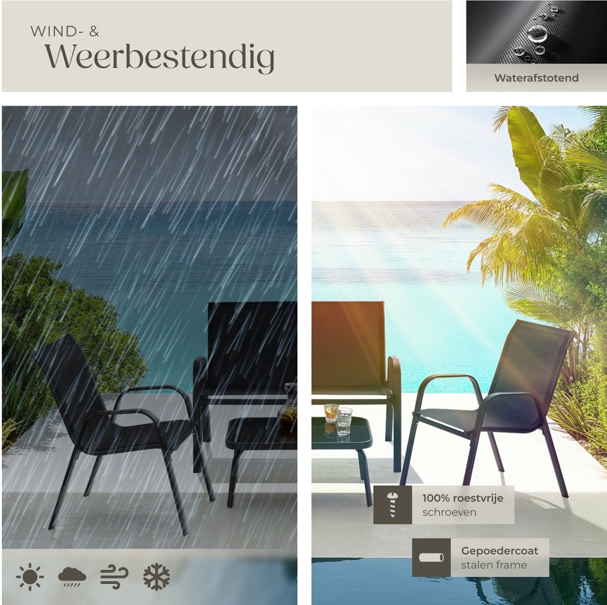 tectake® Tuinset Nora - Moderne Zitgroep voor 4 Personen - Loungeset met Tuinbank en 2 Tuinstoelen van Ademend, Waterafstotend Textileen-Weefsel - Balkonset Met Bijzettafel - Zwart – foto 7