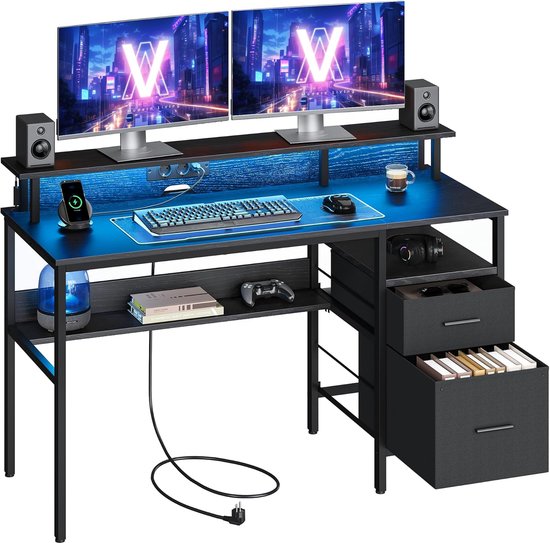Imperatoris - Computertafel met Laden, Monitor Standaard, en LED Verlichting - Ingebouwde Stopcontacten - 2 USB Poorten - Betonlook - Gaming Bureau - Gaming Desk - Compact Game Bureau - Computerbureau voor Thuiswerk en Gaming - 55 x 135 x 90 cm