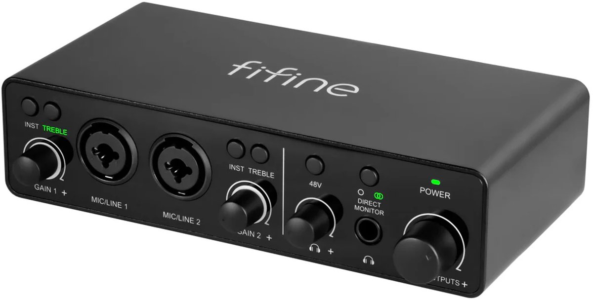 FIFINE - Ampli3 - Professionele Audio Interface - 2x XLR - 3,5 MM - 6,35 MM - 60dB - Pro Studio - Fantoomvoeding 48V - Zwart