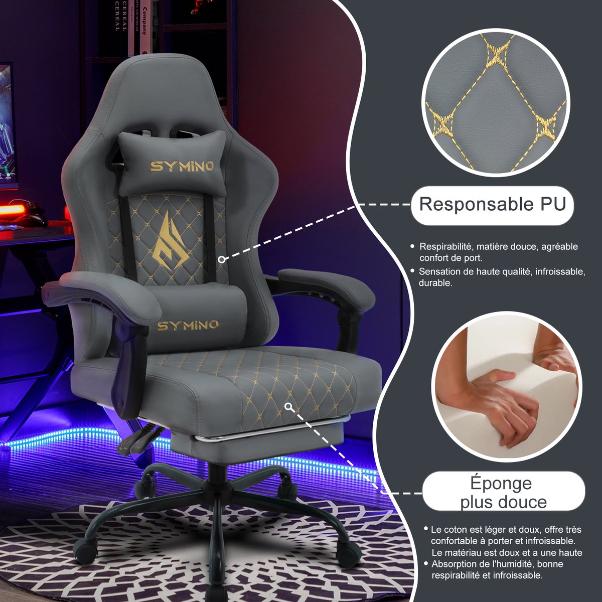 Afbeelding 3 van Symino FZ Gaming Stoel 200 kg – Racing-Style Gamestoel met Uittrekbare Voetensteun, 155° Rugleuning & 3D Armleuningen – Gepolsterd PU-leer – Grijs