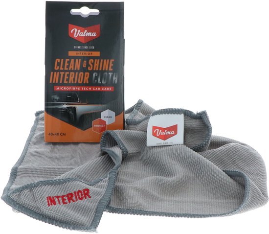 Chiffon microfibre gris avec bordure grise, 40x40cm. Emballage inclus avec texte 'Valma Clean & Shine Interior Cloth'.