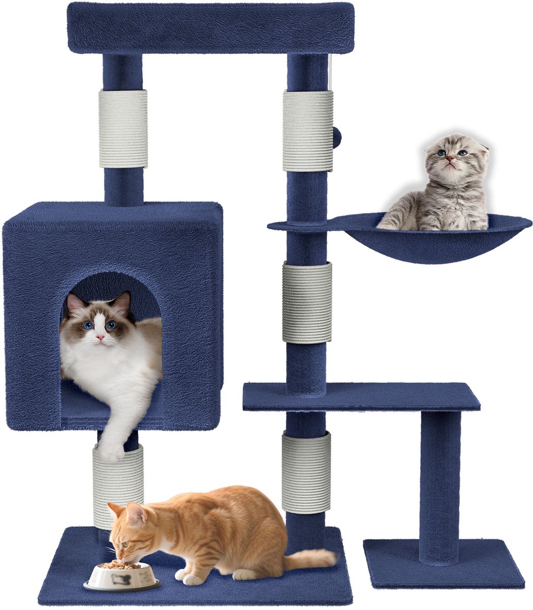 Aufun Kattenboom Krabpaal Kattenkrabpaal voor Katten, Klimboom met hangmat en speelopties kattenstal Speelhuis Krabpalen, 49x40.5x92.5cm, Donkergrijs