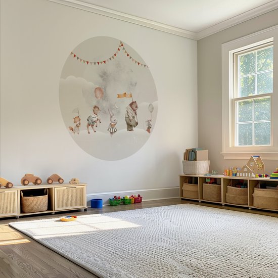 Foto: Behangcirkel the night parade 125 cm behangcirkel zelfklevend muurcirkel binnen dieren op de maan ronde behangcirkel wandsticker behangsticker babykamer en kinderkamer babykamer accessoires