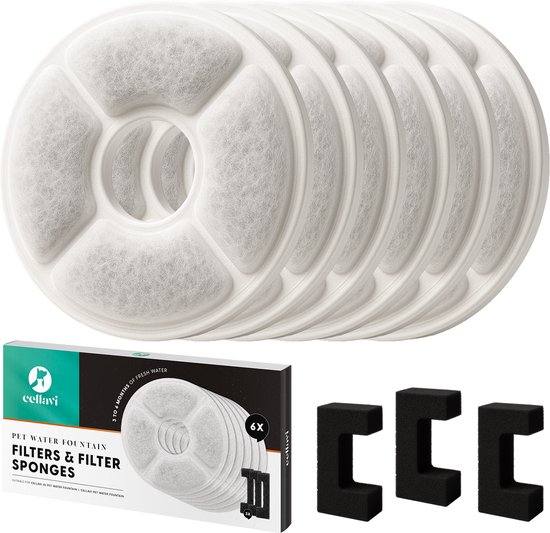 Cellavi 3 in 1 Waterfilters & Filtersponsjes voor Drinkfontein Kat en Hond - 6 Waterfilters & 3 Filtersponsjes – Duurzaam