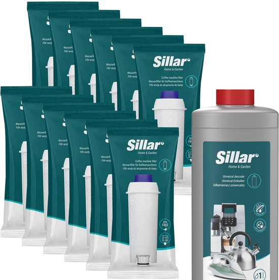 Verpakking met 12 Sillar waterfilters. Naast een fles Sillar ontkalker.