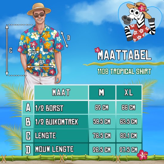 T-shirt Tropical Hawaii Zebra & Friends - Taille L - Déguisements - Déguisements Tropical - Fleurs - Multicolore - Oranje