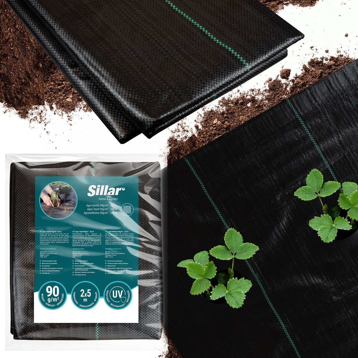 Sillar, onkruidvlies tuinvlies, tegen onkruid, agrotextiel, plantenbescherming, duurzaam, UV-bestendig, agrotextiel voor het snijden, universeel, 90 g/m2, 2 m x 5 m, zwart