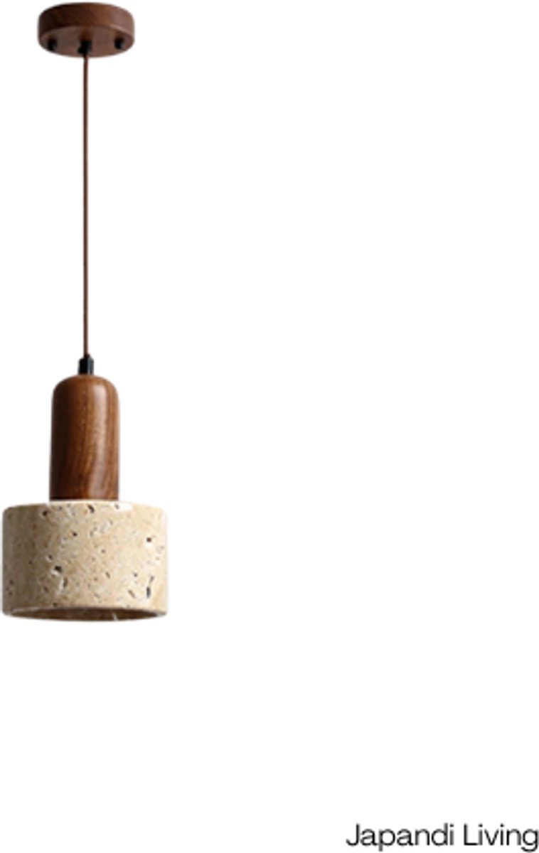 Japandi Living - Hanglamp - Minimalistisch - Wabi Sabi - Marmer - Travertin - Woonkamer, toilet, slaapkamer - Lamp - Walnoot hout