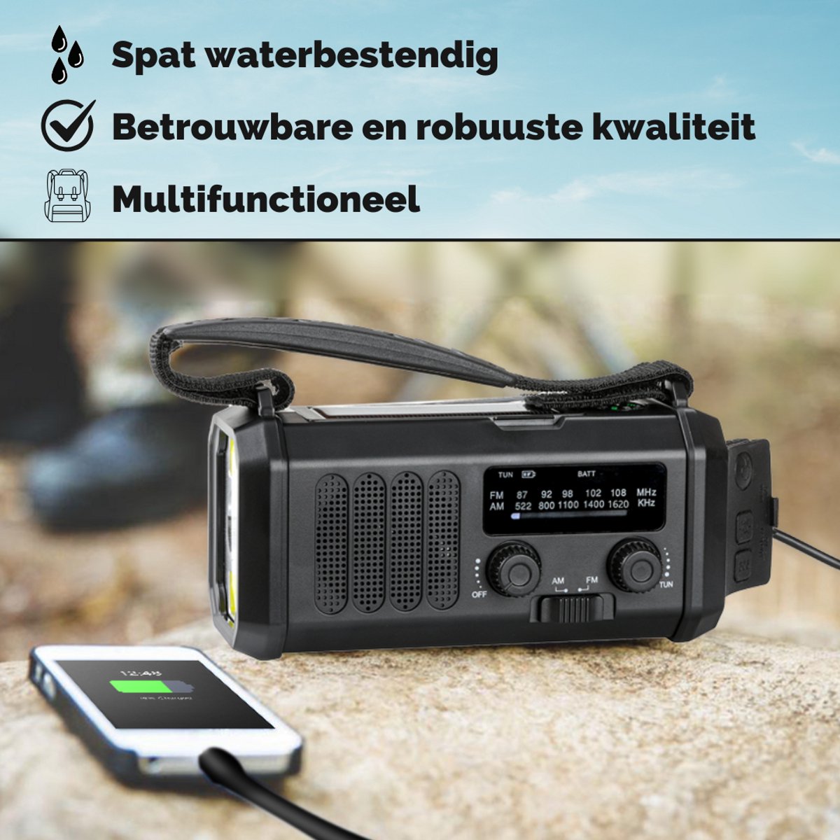 P-Repair - Noodradio - Opwindbare radio - Solar Opwindbaar - Powerbank Zonne-energie - 20.000mAh - Met zaklamp - USB oplader - USB-C oplader - Zwart – foto 6