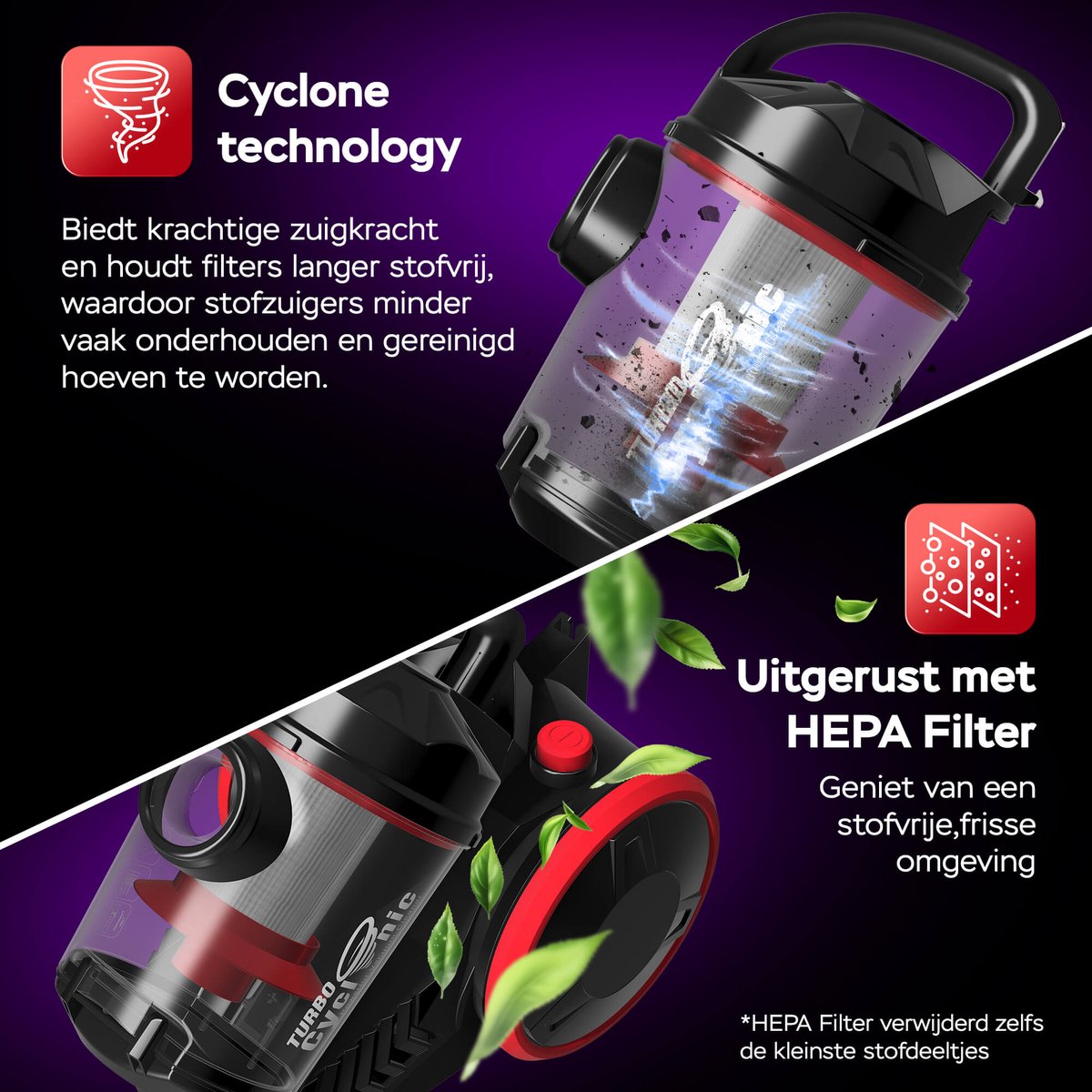 TurboTronic CV07 Stofzuiger zonder zak - Compact Design - Hoge Zuigkracht - Zakloze Stofzuiger - Zwart/Rood — afbeelding 7