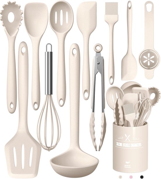 HAUSS SPOLE Keukengerei-Set - 12-Delige Siliconen Kookgerei - Hittebestendig Keukenset Met Houder - Voor Dagelijks Koken - Anti-aanbak - 210°C - Siliconen - Khaki