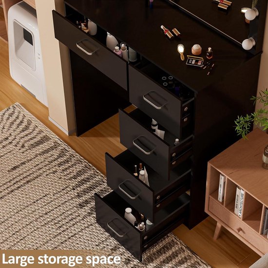 Buildonely Make-uptafel met verlichting en spiegel, kaptafel met laden, open planken, 3 kleurtemperaturen en instelbare helderheid, kaptafel met kruk, wit, W3139718