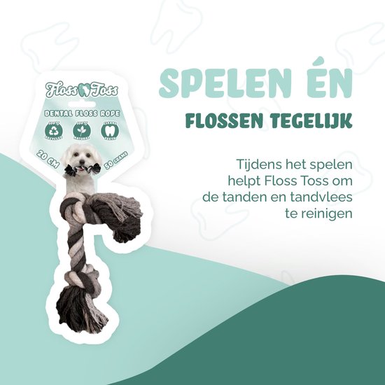 Floss Boss floss rope - jouet pour chien très robuste et sûr - corde pour chien en coton recyclé - corde à tirer grise - 20cm - 50g - 2 nœuds