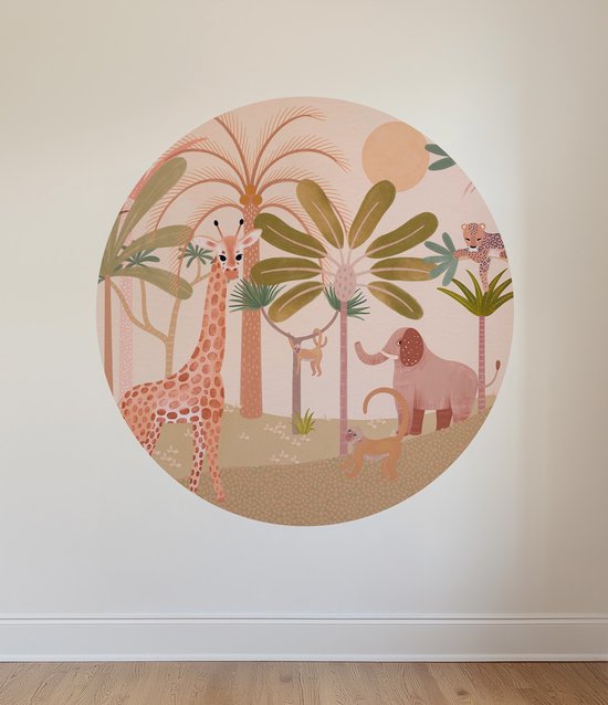 Behangcirkel Africa blossom - Ø 125 cm - Behangcirkel zelfklevend - Jungle dieren - Africa - Tropisch - Safari - Muurcirkel binnen - Wandsticker - Behangsticker - Babykamer en kinderkamer