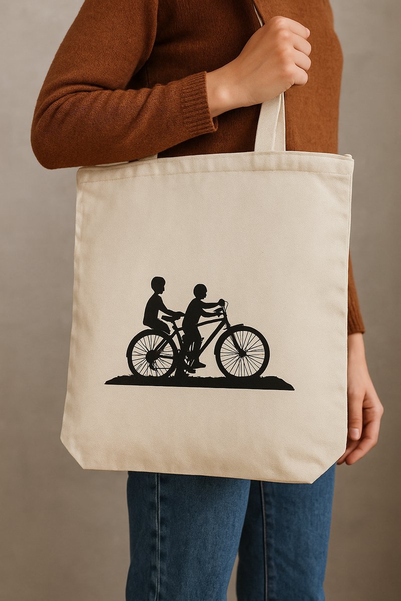 Katoenen Tas - Tote Bag - Naturel - 270gr katoenen - 36x40x10cm - Met rits - 10 Stuks - Canvas Tas - Boodschappentas - Draagtas - Schoudertas & handtas - Duurzaam - Handig - Strandtas - Met de afbeelding van fietsende kinderen.