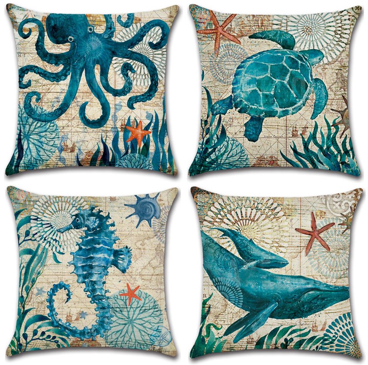 Ibenzoa® Zachte en Stijlvolle Kussenovertrekken Set Met Zeedierenprint, 45 x 45 cm, Set van 4 Stuks
