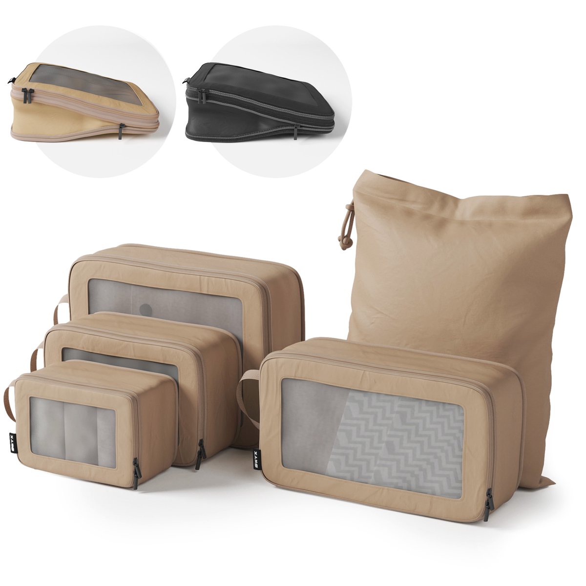ONYX® compressie packing cubes - 5 stuks - Bagage organizers met compressie rits - Voor koffers en tassen - Beige