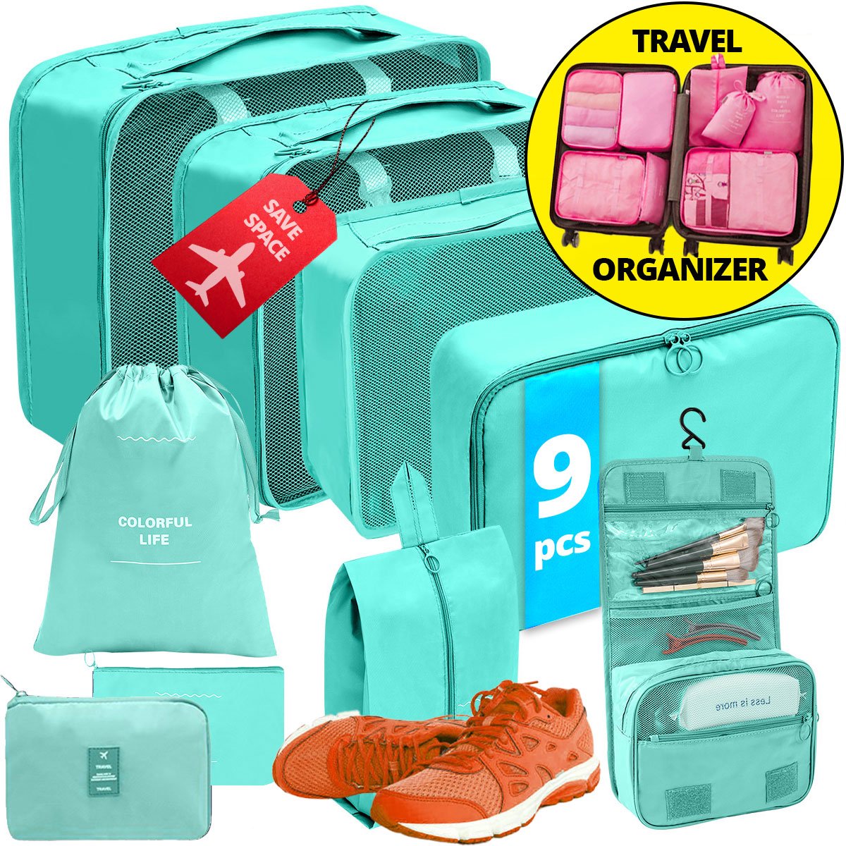 GMR Packing Cubes Set | 9 Delig | Koffer & Reistas Organizers voor Kleding, Schoenen, Backpack & Beauty - Koffer Organizer Set - Inclusief Cosmetica Tas & Etui - Aquamarine