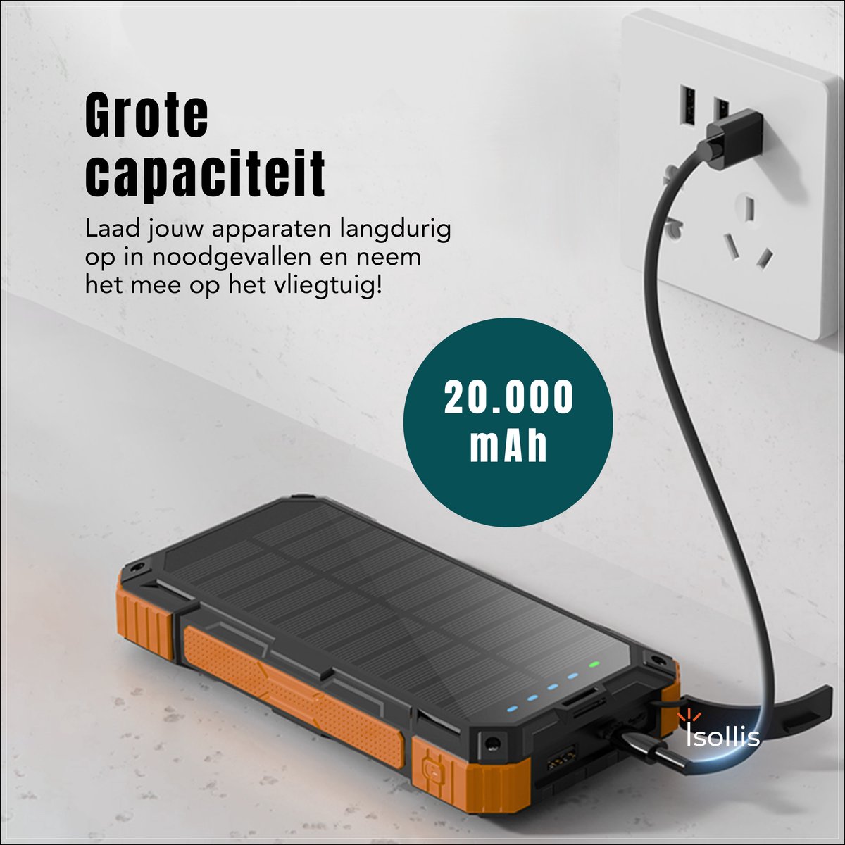Isollis - Powerbank Zonneenergie 20000 mAh - Solar powerbank - afbeelding 3