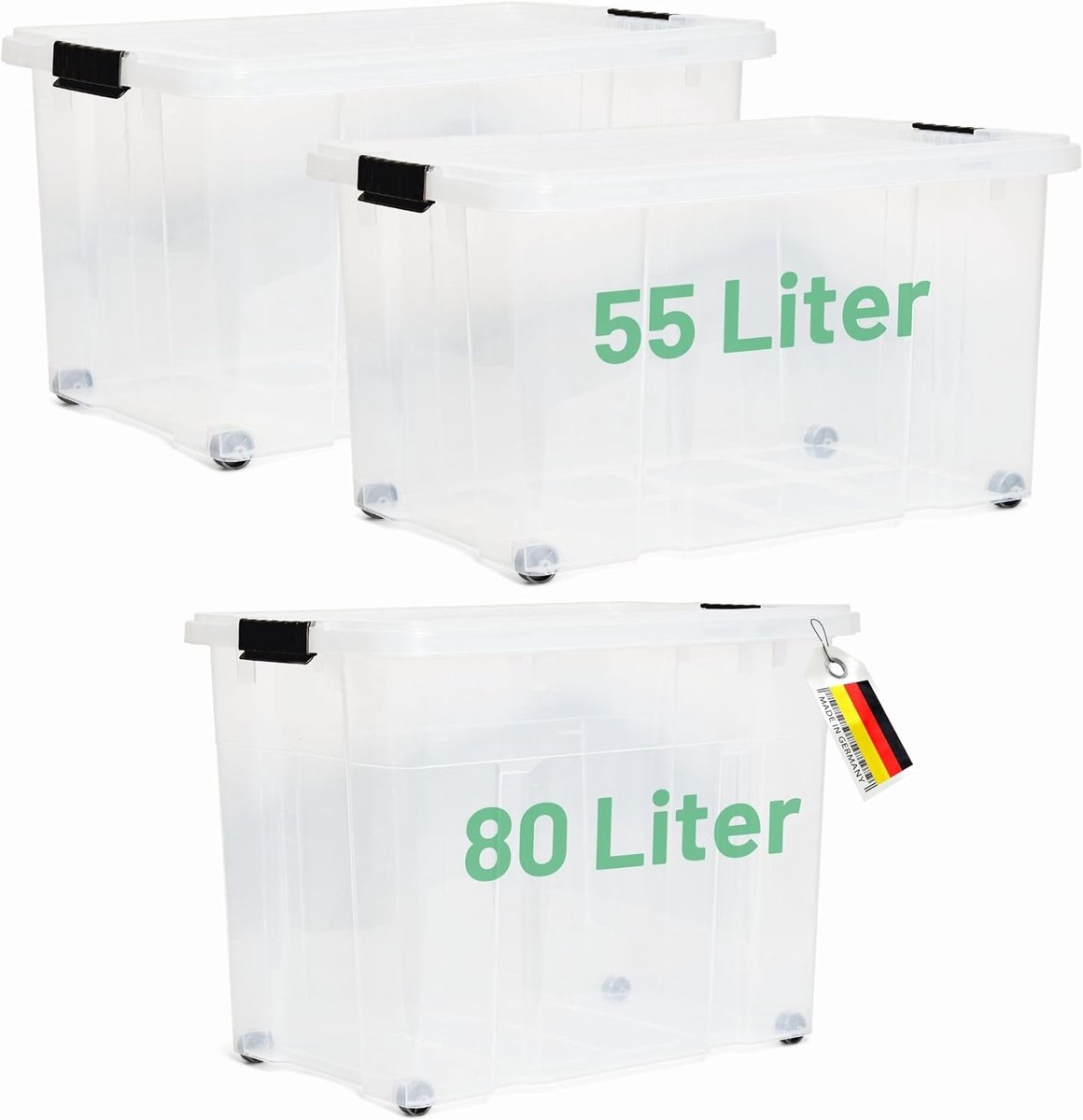 Novaliv 3-delige set opbergdozen met deksel, transparant, 1x80 L + 2x 55 L, nestbaar, stapelbaar, clipsluiting, roldozen, BPA-vrij
