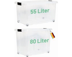 Novaliv 2-delige set opbergdozen met deksel, transparant, 1x80 L + 1x 55 L, nestbaar, stapelbaar, clipsluiting, roldozen, BPA-vrij