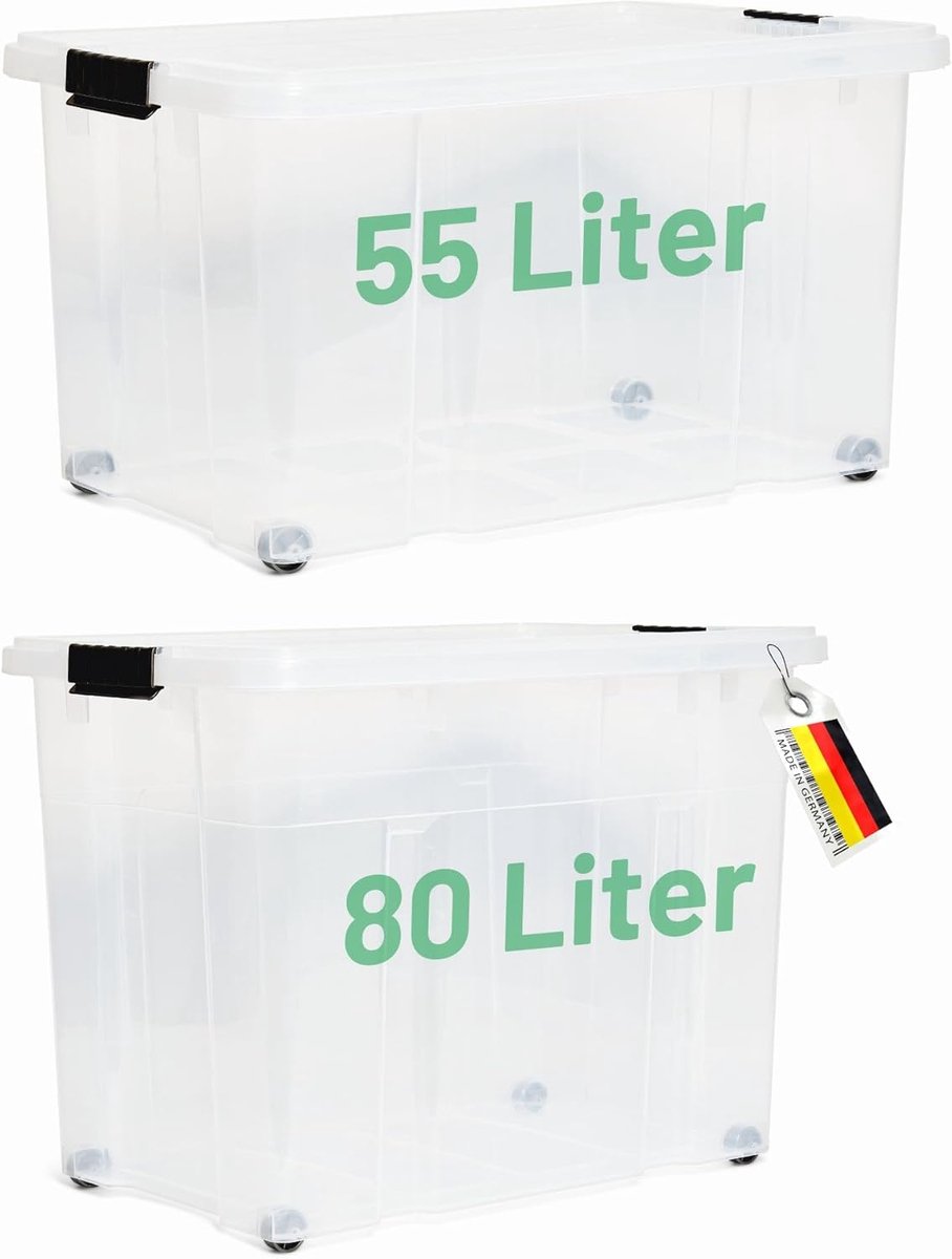 Novaliv 2-delige set opbergdozen met deksel, transparant, 1x80 L + 1x 55 L, nestbaar, stapelbaar, clipsluiting, roldozen, BPA-vrij