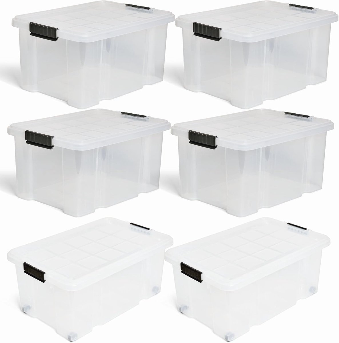 Novatool Novaliv 6-delige set opbergdozen met deksel, transparant, 2x45 L + 4x15 L, nestbaar, stapelbaar, clipsluiting, roldozen, BPA-vrij