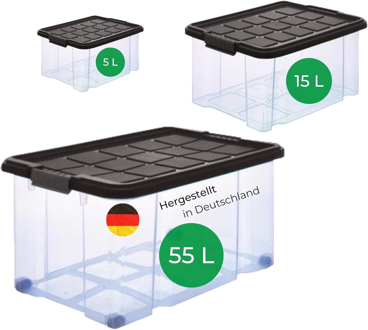Novaliv 3-delige set opbergdoos met deksel, antraciet, 1x 55 L + 1x 15 L + 1x 5 L, nestbaar, stapelbaar, clipsluiting, rolboxen, BPA-vrij