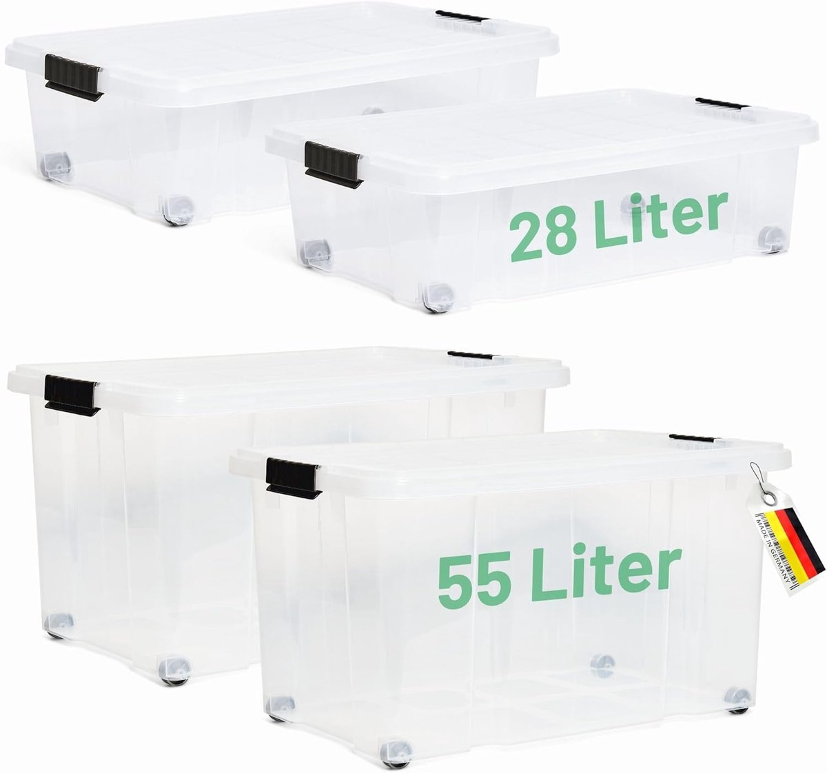 Novaliv 4-delige set opbergdoos met deksel, transparant, 2x 55 L + 2x 28 L, nestbaar, stapelbaar, clipsluiting, rolboxen, BPA-vrij