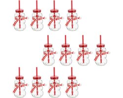 Novaliv 12x glühweinbekers 260 ml Gepersonaliseerde kerstmok met drinkrietje - Sneeuwpop als glühweinmok - Kerstmotief mok met deksel en rietje Kerstmokken handwarmermokken