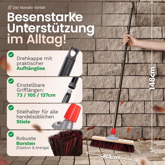 Novaliv straatbezem met steel buiten 40 cm Arenga-Elaston borstelharen Ideaal als bezem buiten Tuinbezem met steel harde borstelharen Terrasbezem Tuinbezem Stalbezem Veegbezem Industriële bezem Buitenbezem van Novaliv — afbeelding 3