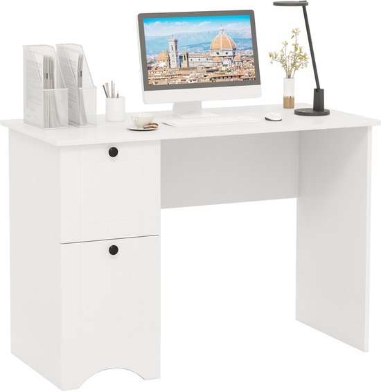 COSTWAY Bureau met 2 laden, kleine computertafel, kinderbureau, moderne bureautafel, pc-tafel voor slaapkamer, werkkamer, kantoor, wit, 109 x 50 x 75 cm (wit)