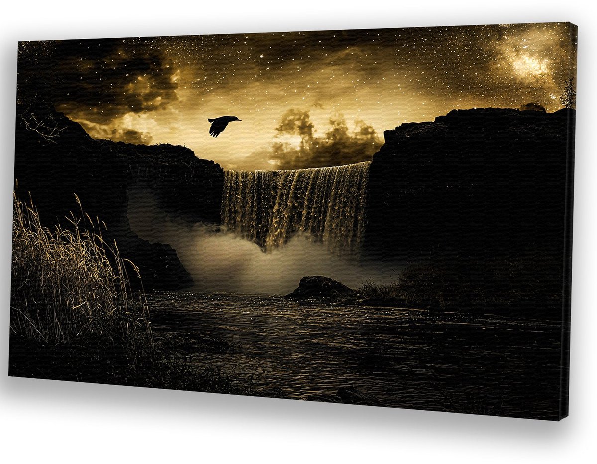 Waterval onder een sterrenhemel - Waterval canvas kunst - Wandkunst vogel - Surrealistisch