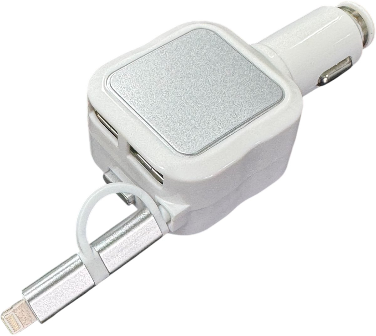 Intrekbare micro-USB- auto lader - dubbele USB-poorten - auto oplader met Geschikt voor Microusb & Lightning kabel - zilver