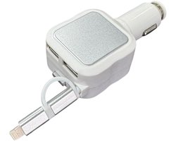 Intrekbare micro-USB- auto lader - dubbele USB-poorten - auto oplader met Geschikt voor Microusb & Lightning kabel - zilver