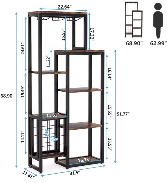 Armoire à vin - Casier à vin - Armoire à boissons - Placard - Porte-verres à vin - Porte-bouteilles - Industriel - Bois et métal - Marron/ Zwart - 175x80x30cm