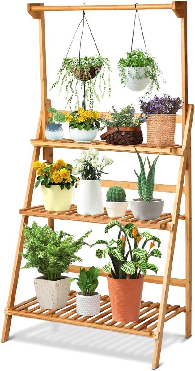 unho 3 Tier Opknoping Plant Stand Opbergrek - opvouwbare bloempot organisator Display Opbergrek - verstelbare hanger Rod - bamboe plant planken - pot houder voor Patio Tuin Balkon