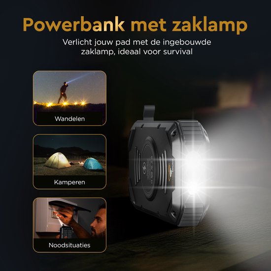 Zwarte powerbank met zonnepaneel en zaklamp in actie. Illustraties van wandelen, kamperen, noodsituaties.