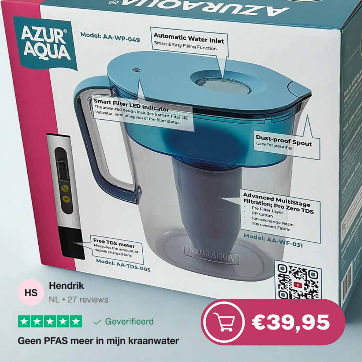 Filtert PFAS, Lood, Kwik en Chloor met deze Waterkaraf met deksel - Inclusief Water Filter 2,4 L met Multistage Pro Filter - Bespaar op plastic mineraalflessen en reinig uw water naar 0 TDS