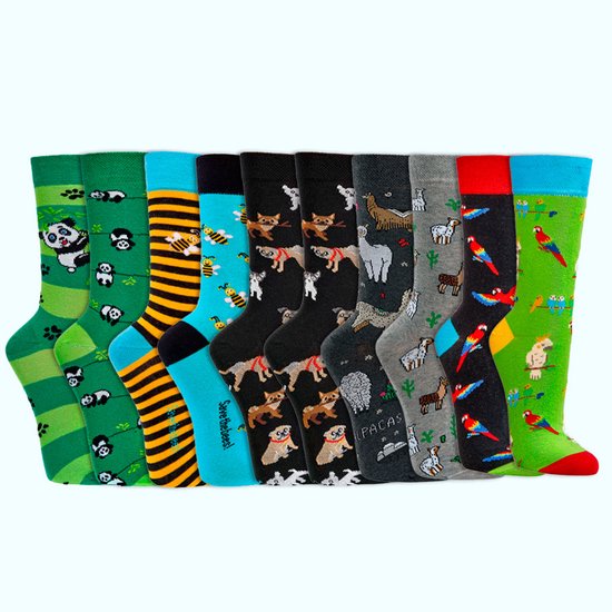 Voordeelbundel damessokken 36-41 | 10 paar | Grappige sokken | Vrolijke sokken | Happy Socks printjes | Thema's: 5 x Dieren