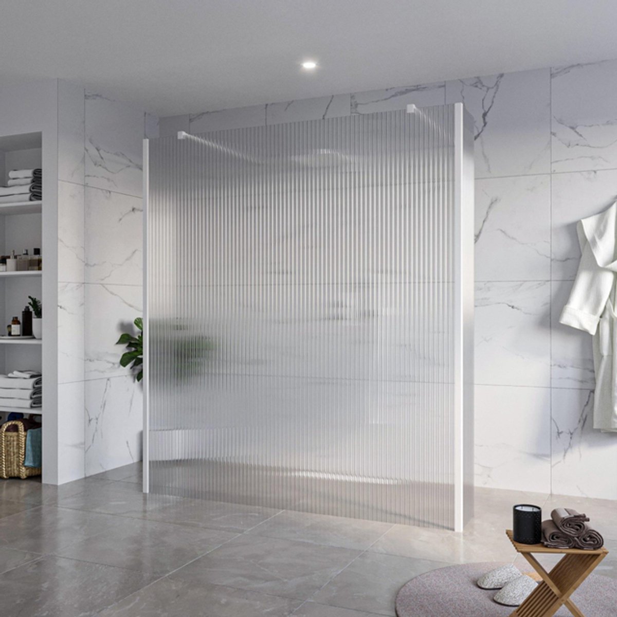 FugaFlow Eccelente Vetro Vrijstaande inloopdouche badkamer - 180x200cm - Helder geribbeld - antikalk - 8mm veiligheidsglas - 2 zijwanden 30cm - met wandarmen en hoekprofielen - Wit mat -