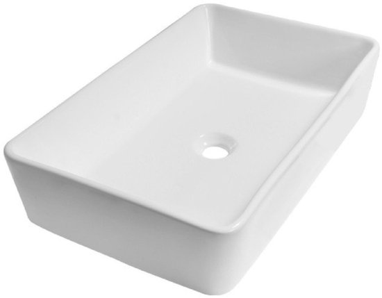 Witte rechthoekige keramieken waskom opbouw, 60x37x13cm, glanzend.