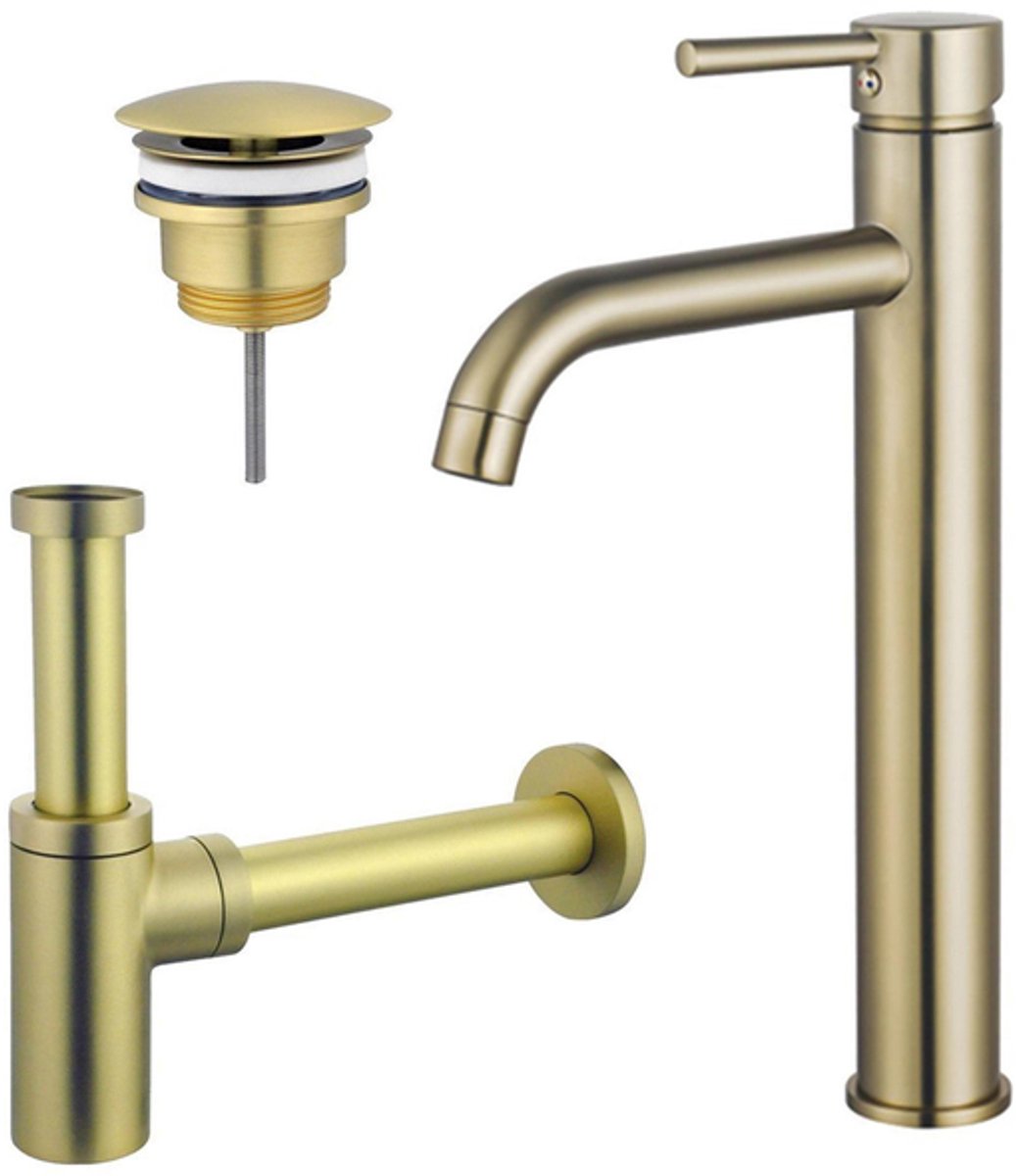 FugaFlow Eccelente Sobrado Badkamer Wastafelkraanset - verhoogde wastafelkraan - always open plug - design sifon - PVD Geborsteld Messing