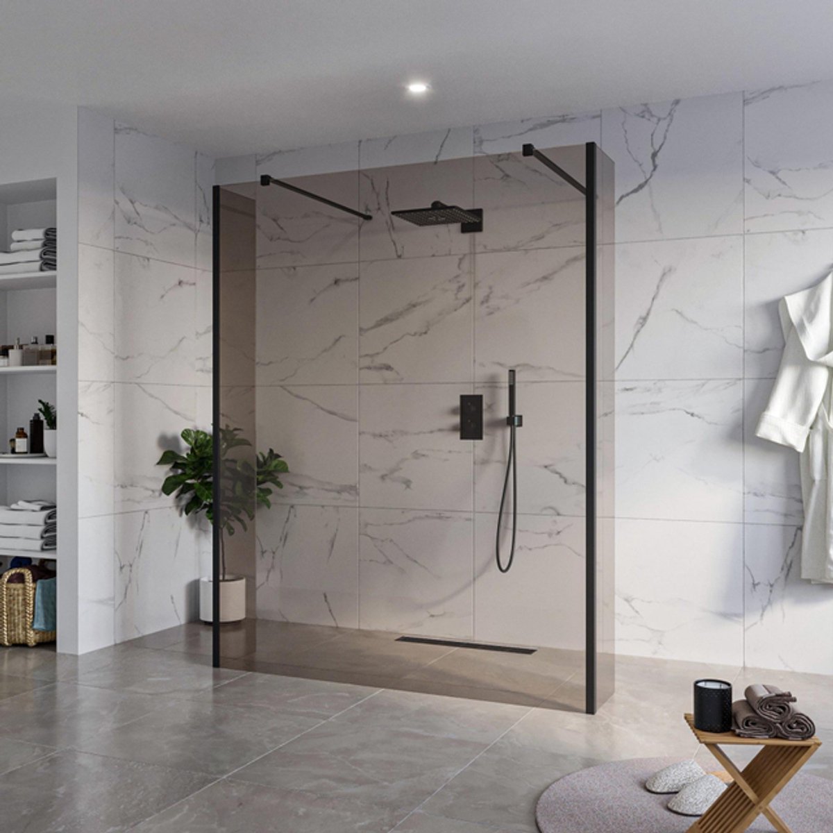 FugaFlow Eccelente Vetro Vrijstaande inloopdouche badkamer - 160x200cm - Rookglas - antikalk - 8mm veiligheidsglas - 2 zijwanden 40cm - met wandarmen en hoekprofielen - Zwart mat -